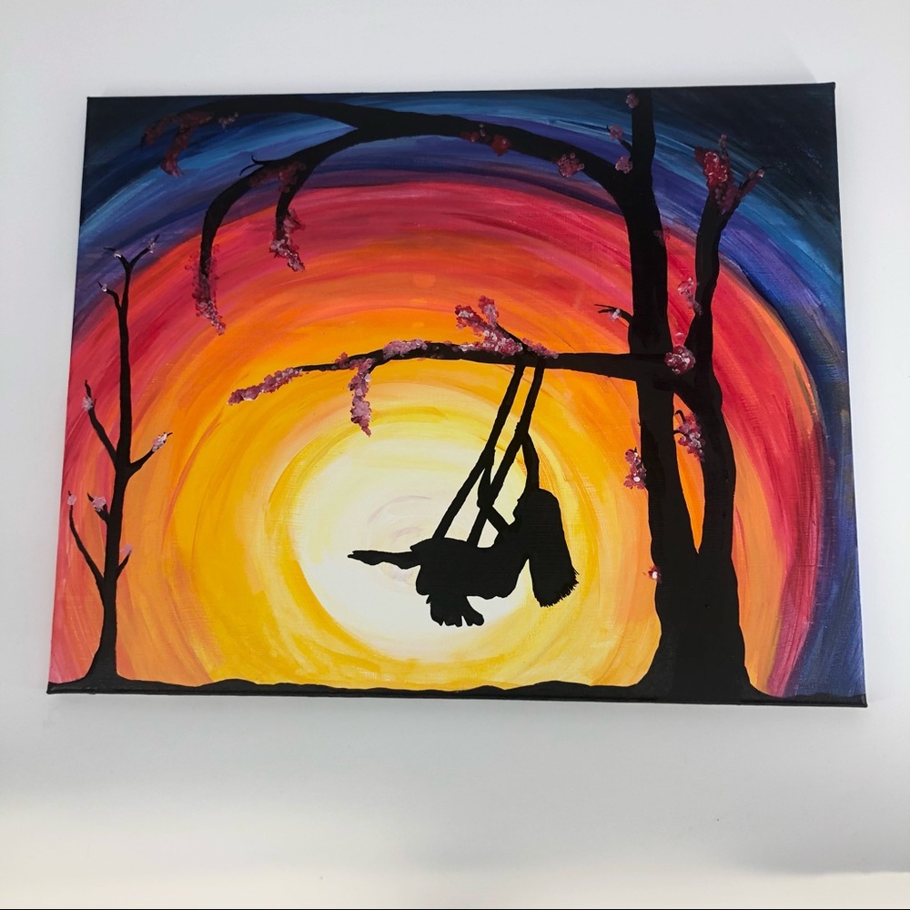 Sunset Swinging Cherry Blossom Silhouette Painting